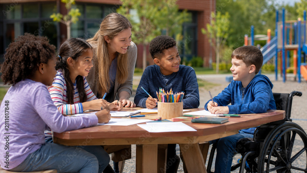 Obraz premium Outdoor learning activity with diverse children and a wheelchair user