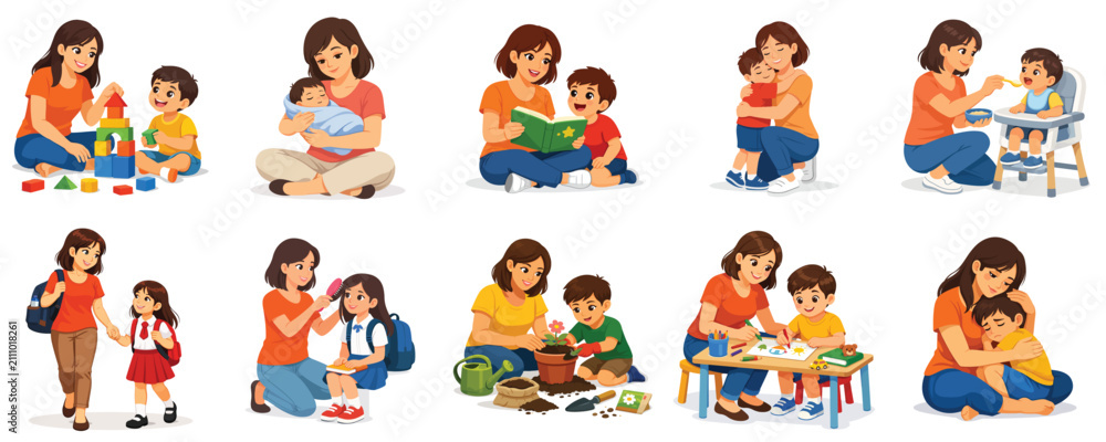 Fototapeta premium Vector of a mother lovingly caring for her child. Parents' Day theme. Vector, illustration, minimalist, flat