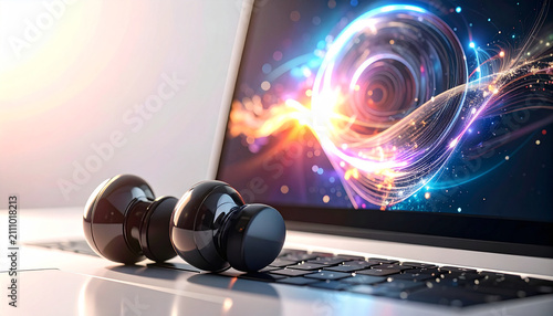 Digital Fitness: A laptop screen displays a vibrant, abstract visualization of energy and light, while a pair of dumbbells rests on the keyboard.