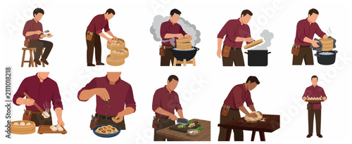 Photos Chef preparing traditional Chinese dim sum and dumplings collection, various coo
