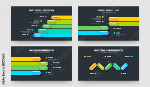 Creative Showcase 5 4 Step Infographic Frame Layout Set. Modern Briefing Five Four Element Diagram Slide Design Vector Illustration Bundle.