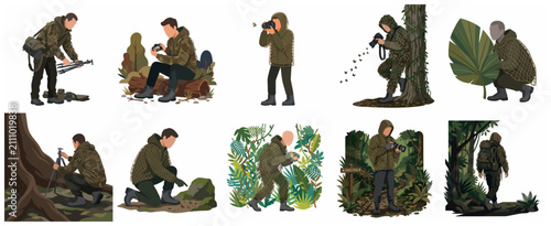 Foto Collection of wildlife photographers in ghillie suits and camouflage gear, takin