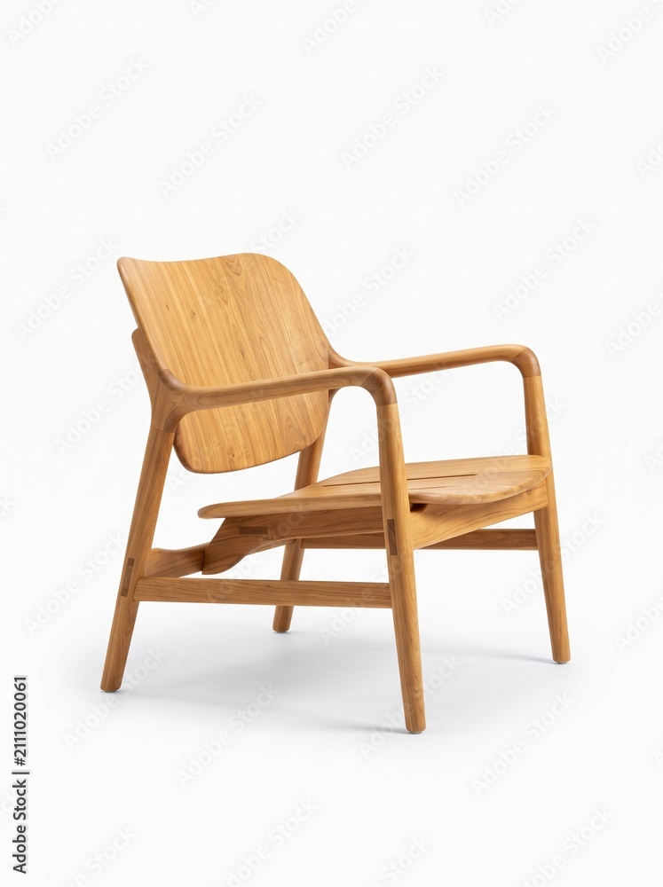 Fototapeta premium Mid-century modern wooden armchair, minimalist oak lounge chair with curved backrest, ergonomic scandinavian furniture design on white background