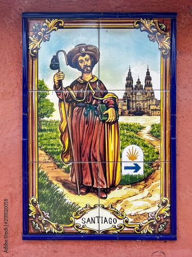 Decorative ceramic tile mural of Saint James with Santiago de Compostela Cathedral Camino de Santiago Spain