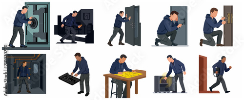 Burglar and thief character set committing crime, safe cracking and lockpicking vector illustration
