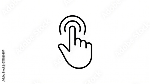 A minimalist black line icon featuring a hand with an extended index finger tapping or clicking, indicated by concentric ripple arcs above the fingertip, set against a plain white background