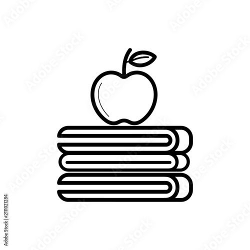 Apple resting on a stack of three closed books, an outline icon symbolizing education, learning, school, knowledge, and studying for students and teachers