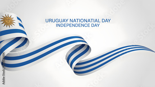 Uruguay National Celebration Day ribbon with flag colors and sun. Elegant patriotic banner for independence anniversary events and official promoti...