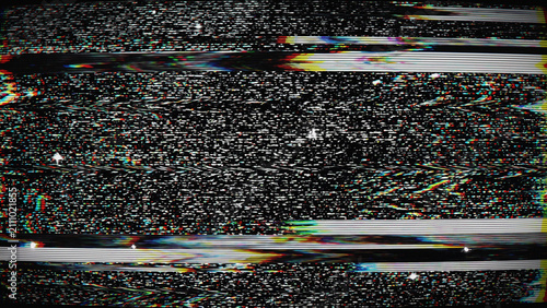 VHS Static Noise Glitch Overlay with Tracking Lines and RGB Distortion on Black Background