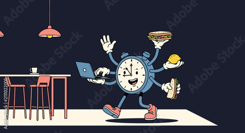 A cartoon alarm clock character with multiple arms juggling a laptop and various food items in a cafe setting, symbolizing multitasking and busy modern life.