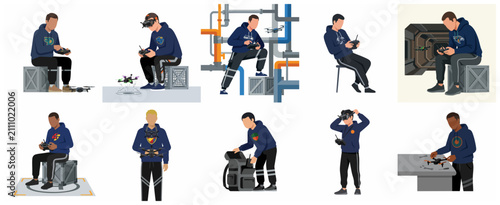 Collection of flat vector illustrations featuring men operating, flying, and repairing FPV drones and quadcopters in different scenarios