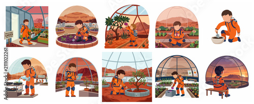 Bild auf Leinwand Cartoon illustration set of a young boy astronaut gardening and farming inside a