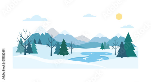 Tableau sur toile Winter landscape illustration with mountains trees and frozen water