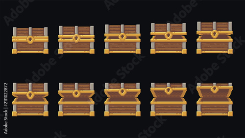 Fotografi Pixel art set of treasure chest frames showing opening sequence