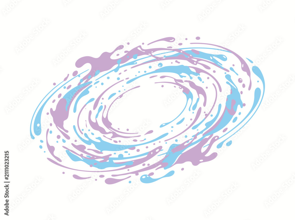 Fototapeta premium Spiral vortex illustration features swirling blue and purple paint splashes on a clean white background for creative projects.