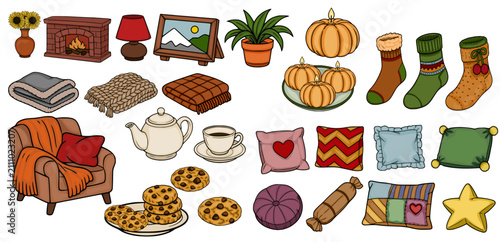 Quadro su tela Cozy home decor vector set with autumn candles, knitted blankets, warm socks, cu