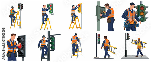 Electrician and Maintenance Worker Characters Repairing and Installing Traffic Lights Flat Vector Illustration Set