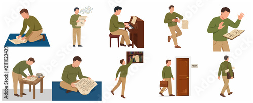 Set of flat vector illustrations of a man exploring music archives, reading manuscripts, playing piano, and working as a historian or researcher