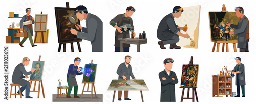 Cuadro en lienzo Professional Art Restorers and Conservators Working on Classical Paintings Illus