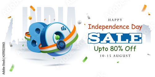 happy 80th independence day of india sale banner 3d illustration with wavy ribbon and confetti