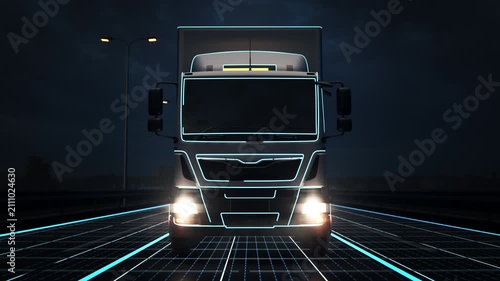Autonomous Semi Truck Driving at Night with AI HUD Technology Visualization. Self-Driving Electric Cargo Semi-Truck Scans Road and Activates Smart Autopilot Controls for Future Logistics Concept
