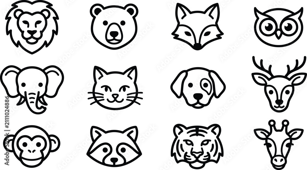 Fototapeta premium Collection of animal faces vector icons in outline style art.