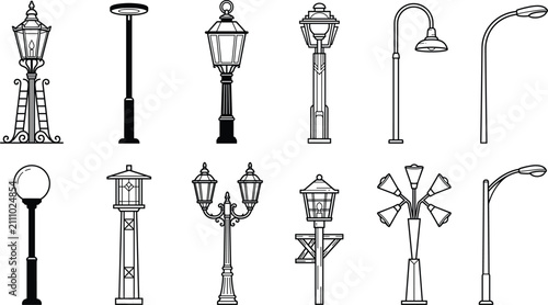 Classic street lamp line icons for urban lighting design.