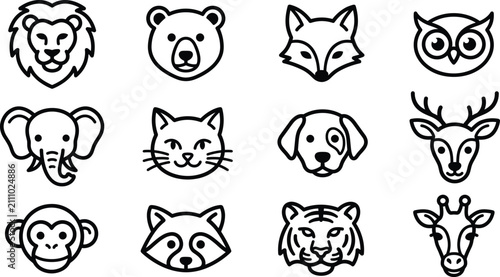 Collection of animal faces vector icons in outline style art.