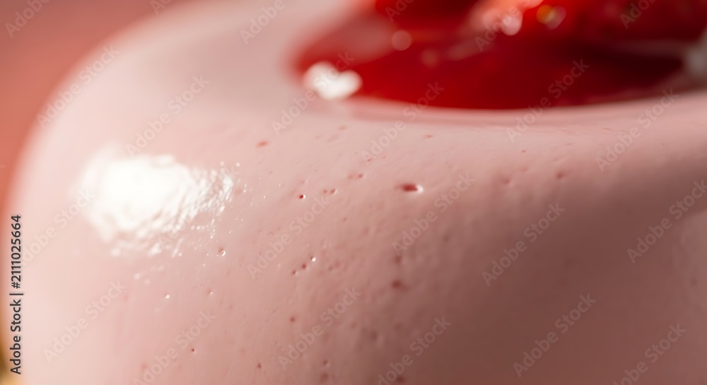 Fototapeta premium Close-up of a delicate pink dessert with a vibrant red topping, showcasing its smooth texture and sweet appeal.