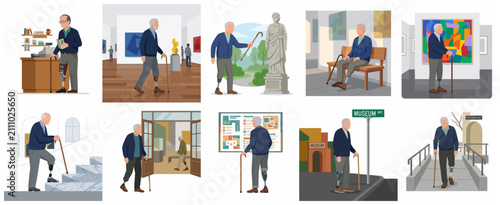 Senior man with prosthetic leg visiting art museum and gallery, elderly disabled person enjoying cultural activities and public spaces accessibility vector illustration set.
