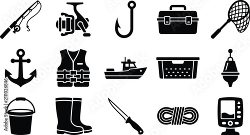 Photos Fishing gear and equipment icons for outdoor and recreational activities