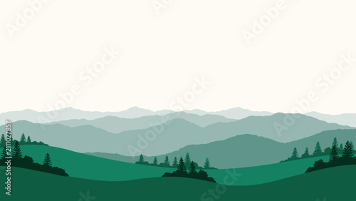 Принти на полотні Layered minimalist landscape illustration with rolling green hills and distant m