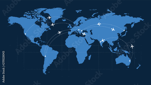Foto World map with airplane travel routes and flight paths airplane aviation connect
