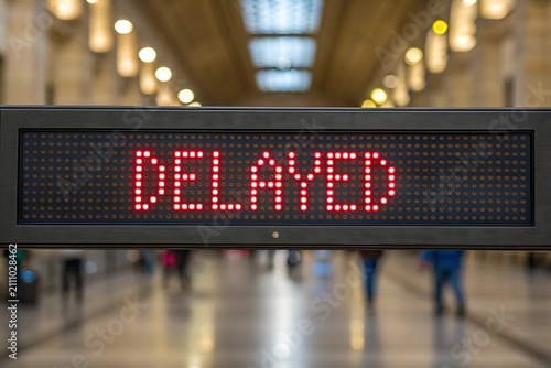 Electronic sign board showing delayed status in busy train station with transport electronic notification schedule