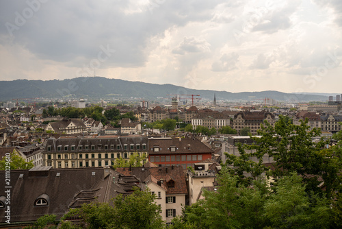 Canvas Print Scenic city skyline of Zurich from ETH Zurich university terrace under summer sk