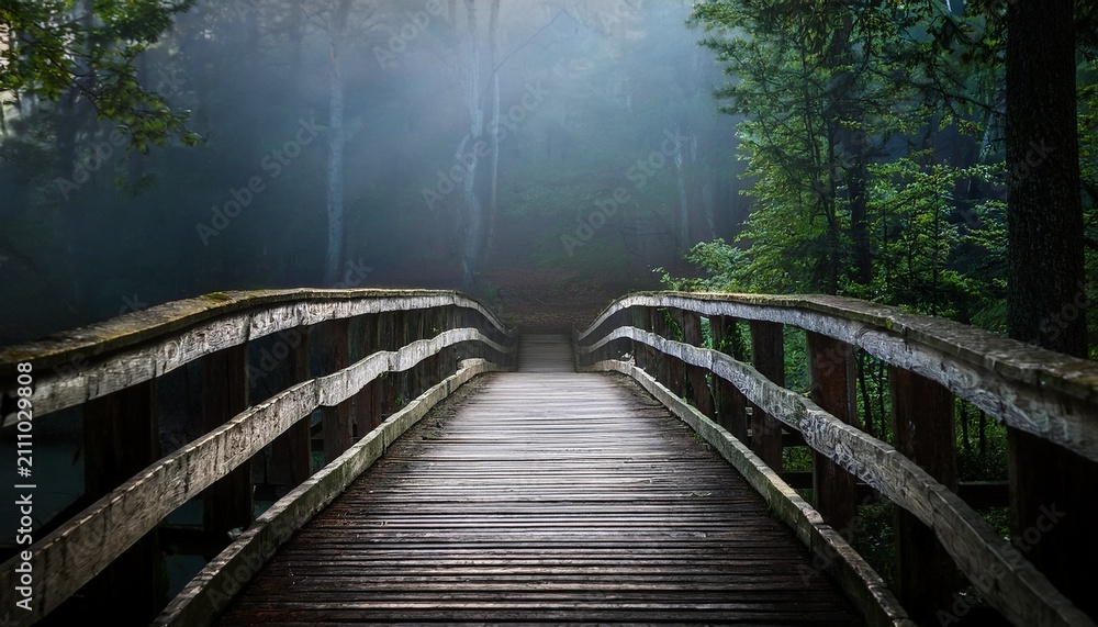 Obraz premium wooden bridge leading into a dark forest with mysterious atmosphere