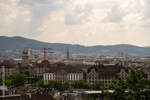 Scenic city skyline of Zurich from ETH Zurich university terrace under summer sky, Switzerland