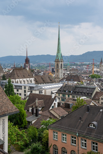Scenic city skyline of Zurich from ETH Zurich university terrace under summer sky, Switzerland