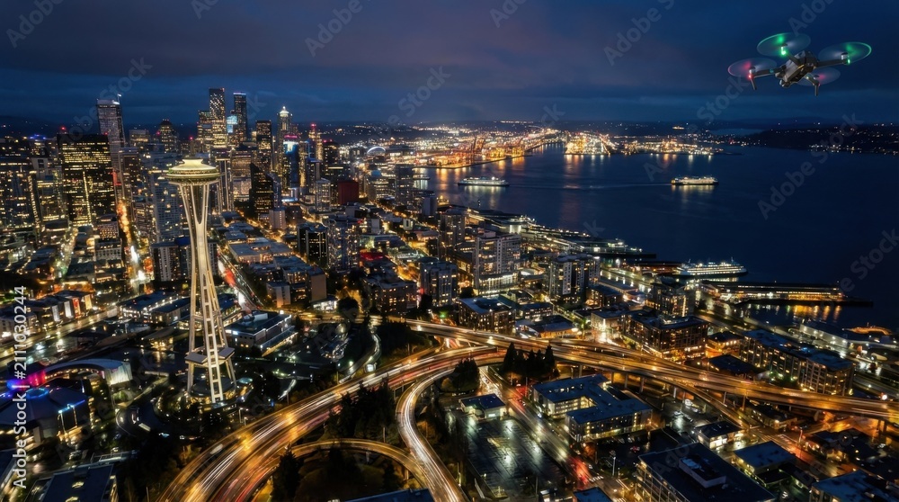 Obraz premium Nighttime aerial view of Seattle cityscape with illuminated buildings and waterfront