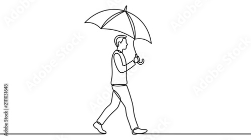 Continuous line drawing of a man walking with an open umbrella, protecting himself from rain.