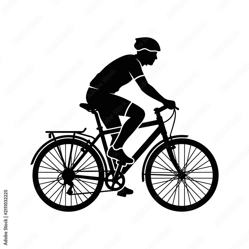 Fototapeta premium A black silhouette of a cyclist riding a bicycle with a helmet and gear.
