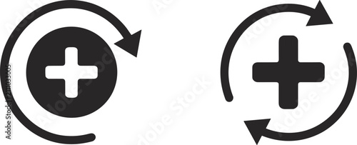 Canvas Print Two circular icons with a plus sign and rotating arrows in dark gray on white Ke