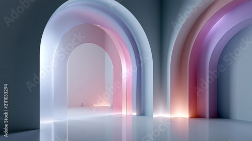 Abstract Geometric Arches with Soft Gradient Colors and Reflective Floor
