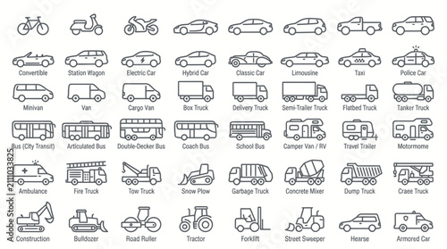 Collection of various vehicle line icons.