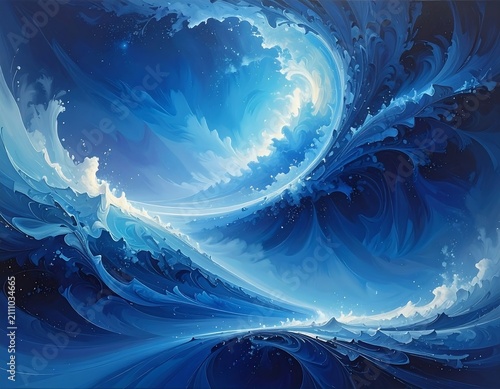 An abstract ocean wave, rendered with swirling, icy textures, and gradients of blue and white, creating a dynamic, flowing design