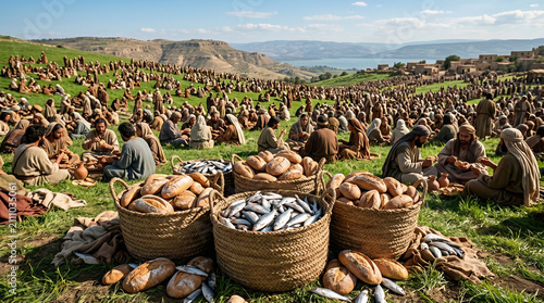 The miracle of feeding the 5000. Baskets overflowing with simple bread loaves and small fish on the grass. Divine provision concept