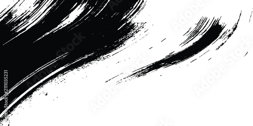 Abstract black grunge brush stroke and rough ink splatter curved background texture graphic design vector.