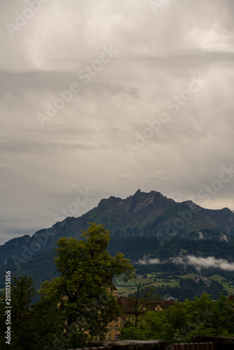 Elevated view of Lucerne historic old town and lake after rain, Switzerland