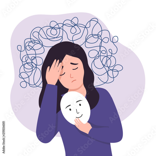 Woman suffers from obsessive thoughts, unresolved issues, psychological trauma,  depression. Mental stress mind disorder illustration vector illustration.
