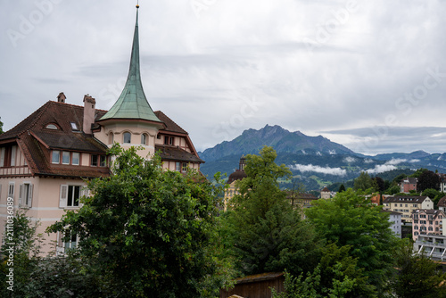Elevated view of Lucerne historic old town and lake after rain, Switzerland